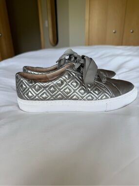 Tory Burch Quilted Metallic Silver Low-Top Sneakers